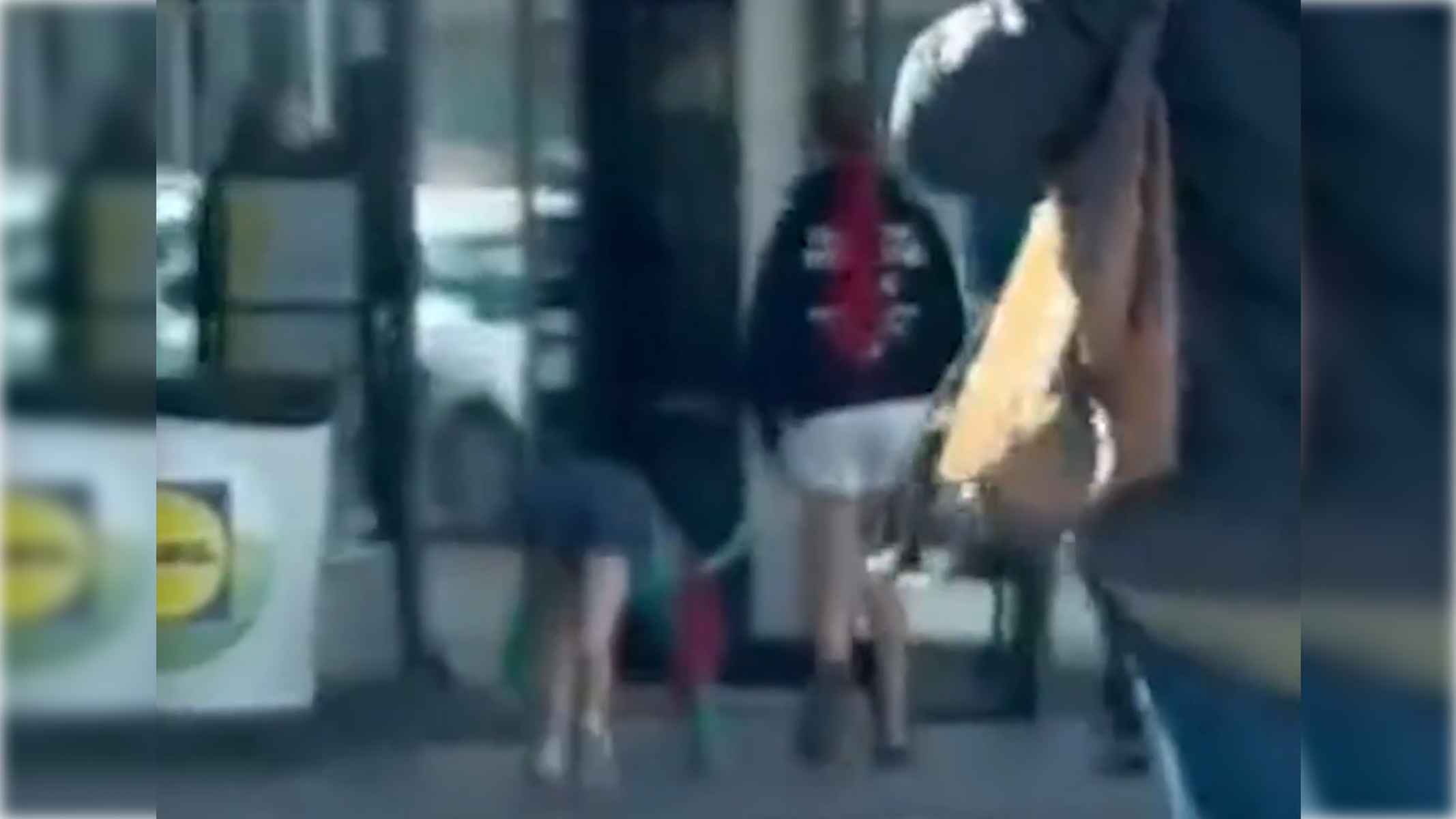 Una joven 'therian', caminando a cuatro patas y siendo paseada por otra joven a la entrada de un supermercado. Una joven 'therian', caminando a cuatro patas y siendo paseada por otra joven a la entrada de un supermercado.