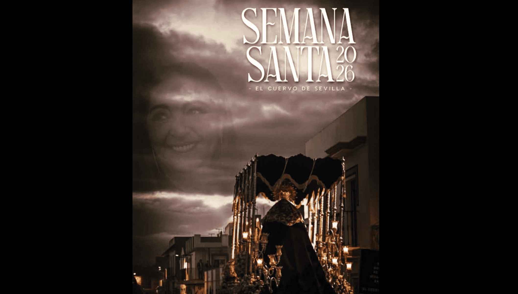 El cartel de la Semana Santa de El Cuervo, con la imagen de Genoveva de fondo en el cielo.