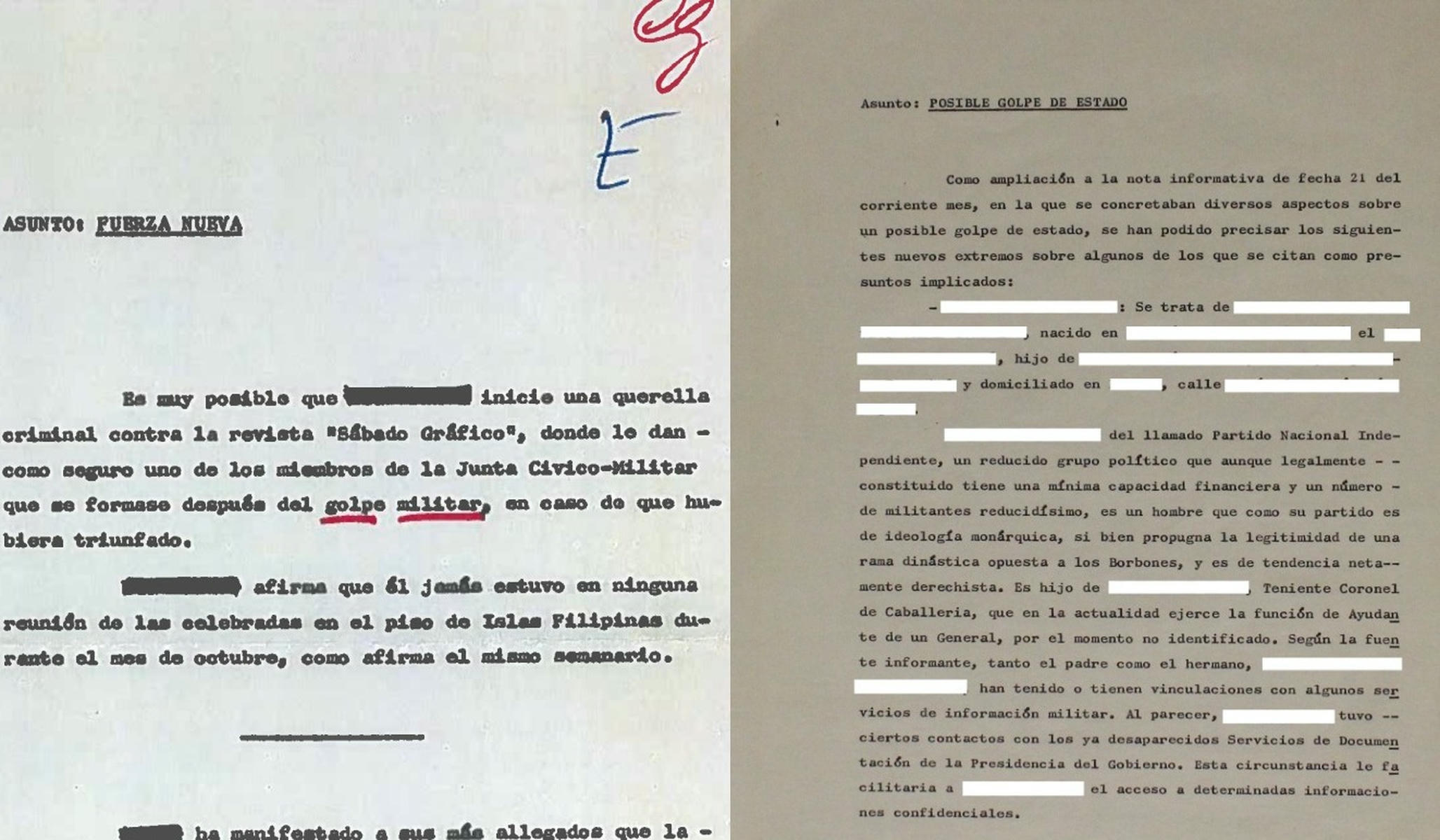 Algunos de los documentos desclasificados del 23F, aún preservando ciertos datos.