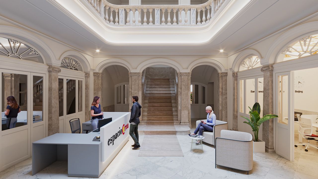 Recreación de la recepción de Espacio Crea Vivero 4.0, para empresas y emprendedores en Cádiz.