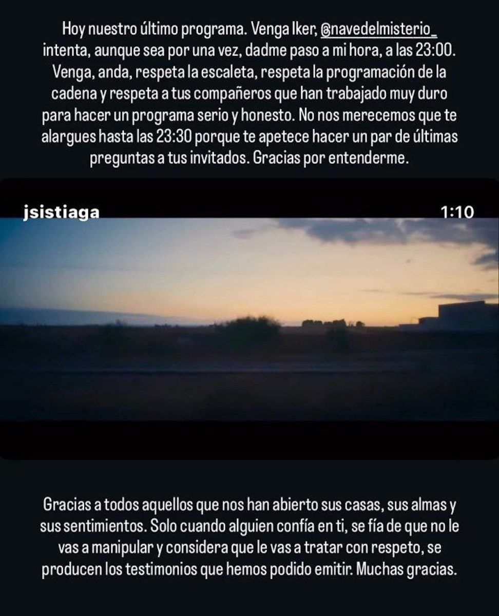 Mensaje de Jon Sistiaga a Iker Jiménez a través de sus historias en Instagram.
