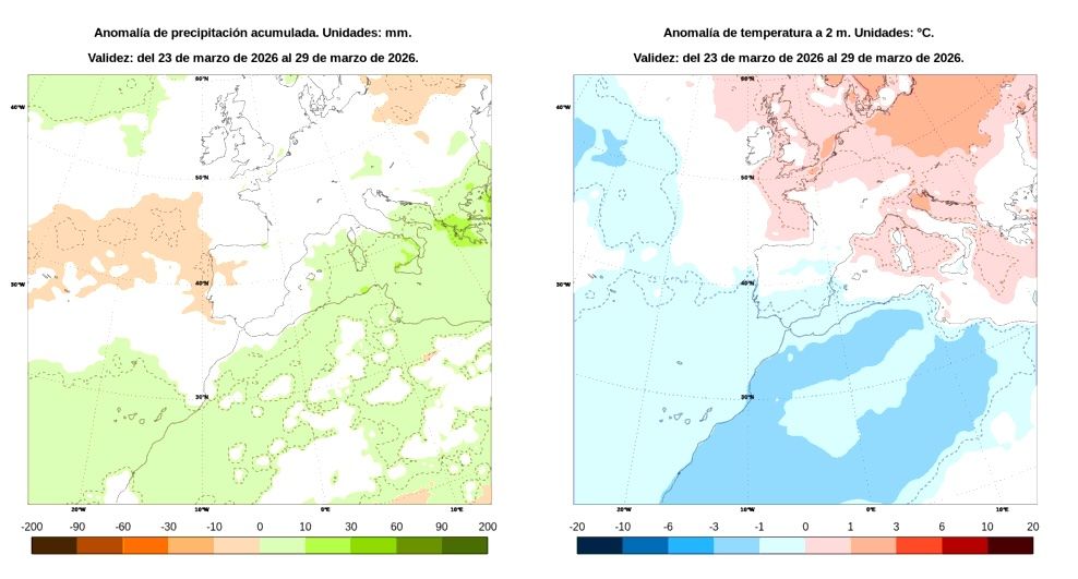 Tendencia del modelo europeo para el 23-29 de marzo: sin señal clara de lluvias en Andalucía y temperaturas algo más suaves de lo normal.