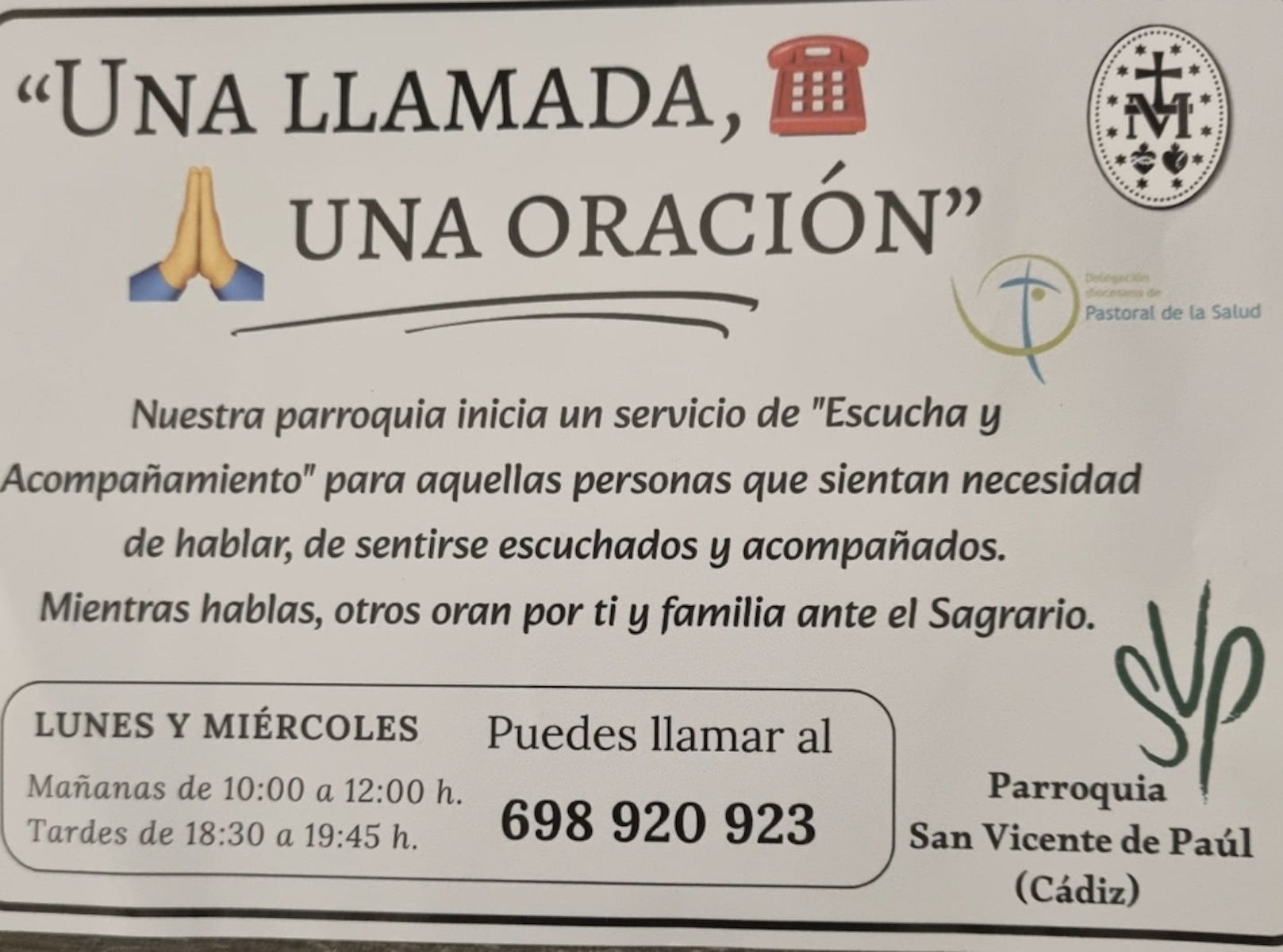 'Una llamada, una oración', la iniciativa de la parroquia de San Vicente de Paúl de Cádiz.
