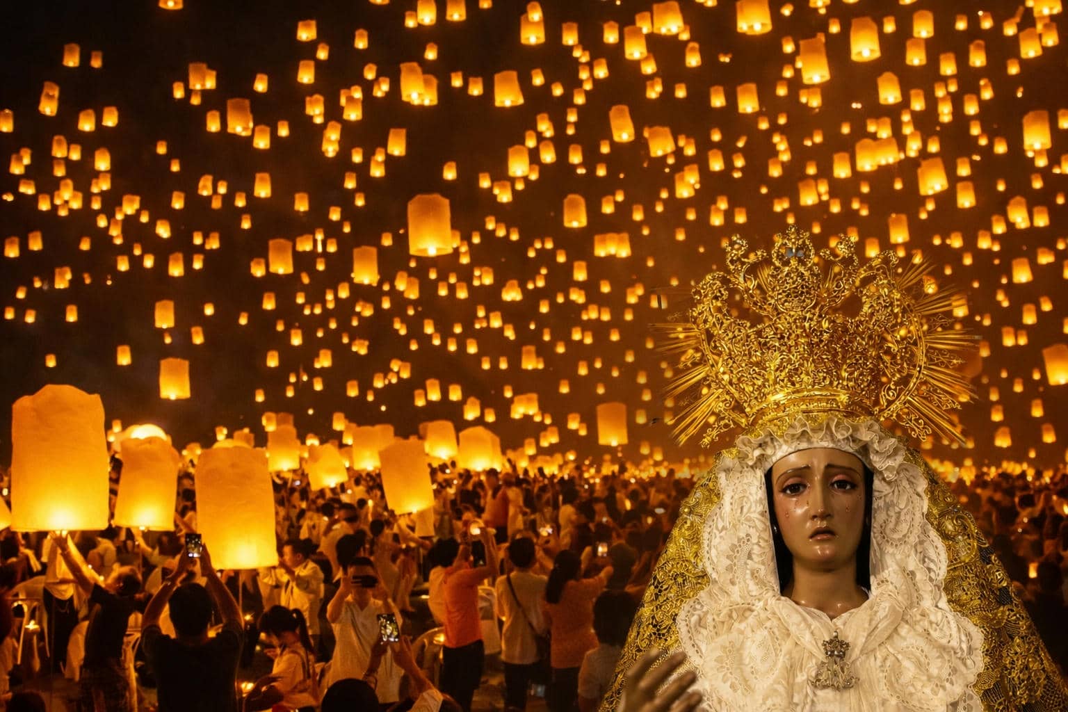 Nuestra Señora del Valle Coronada, con globos de arroz como los que quiere lanzar la hermandad al cielo