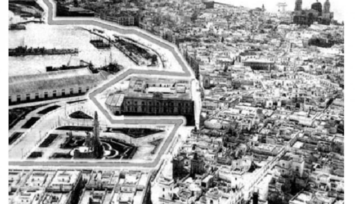Detalle recinto amurallado, plaza de España y Monumento a las Cortes. Gabinete Pedagógico de Bellas Artes de Cádiz.