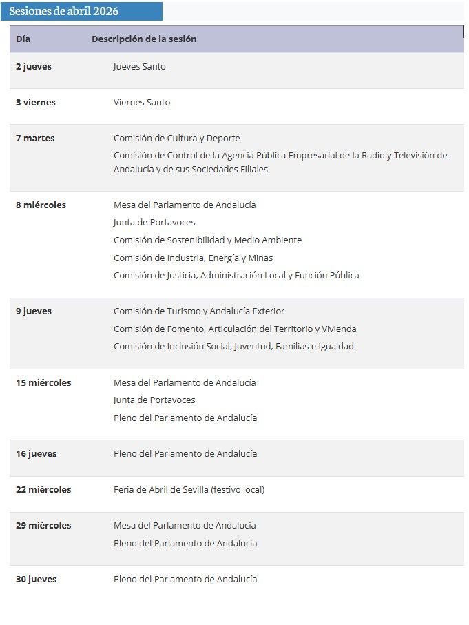 El calendario del Parlamento andaluz previsto para abril, que decaerá nada más que se convoquen elecciones.