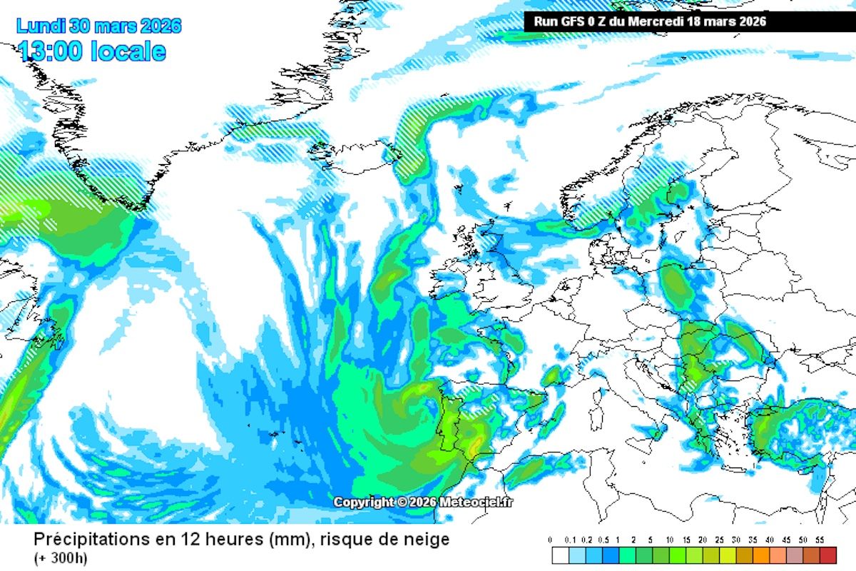 Simulación del modelo GFS que muestra la posible llegada de frentes atlánticos a finales de marzo. Se trata de uno de los escenarios que manejan los modelos en un contexto aún incierto.