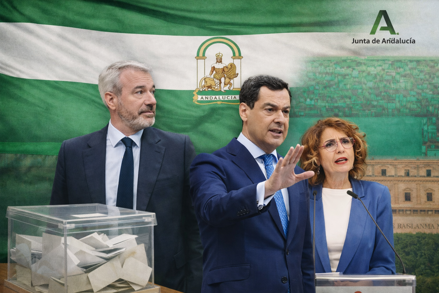 Collage con los protagonistas del primer día de precampaña en Andalucía: Jorge Azcón, Juanma Moreno y María Jesús Montero.