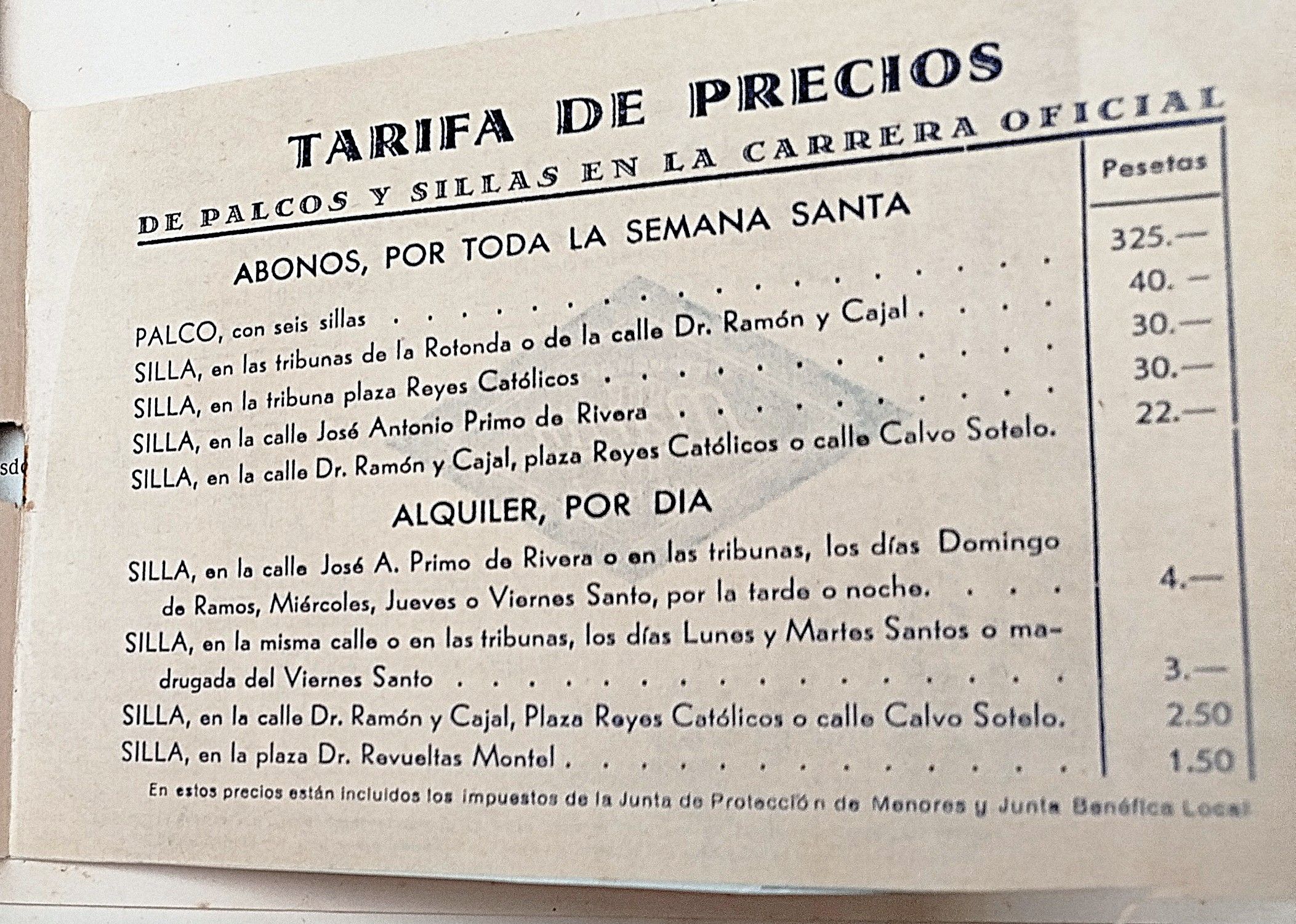 tarifas de sillas y palcos  de 1949