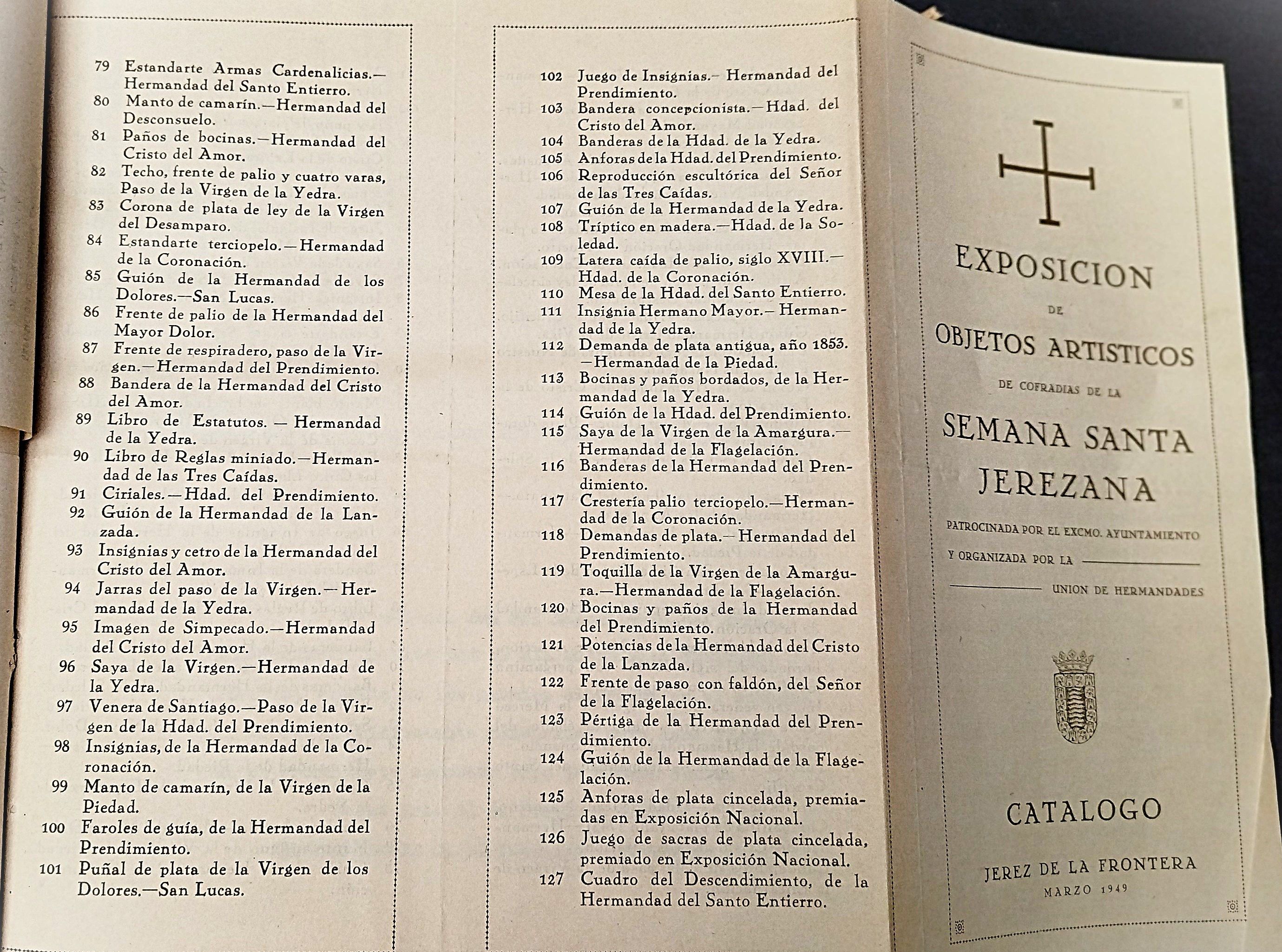 Folleto parcial de la Exposición de objetos sagrados de las cofradías de  1949