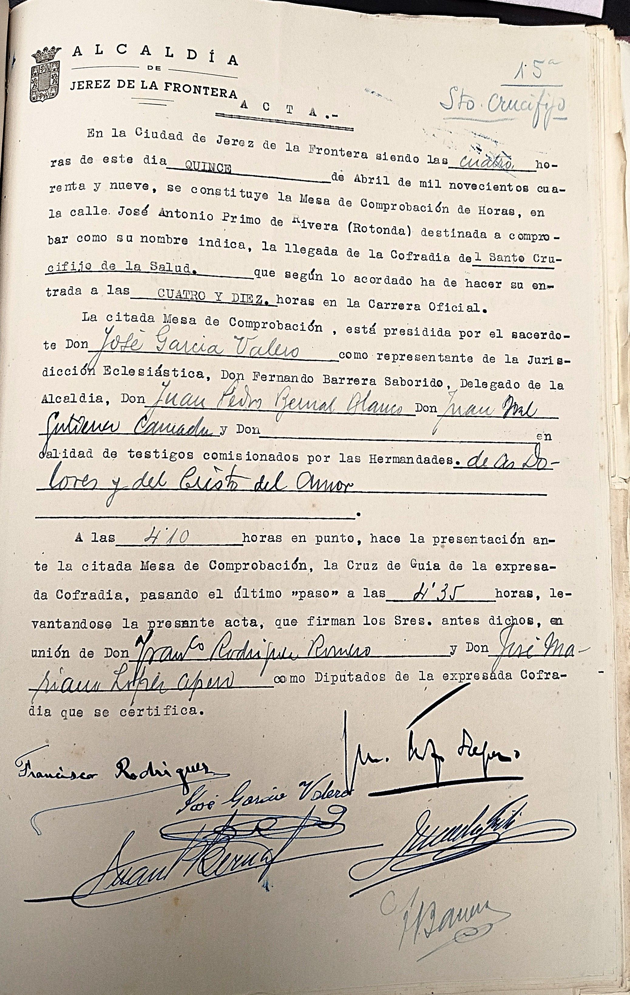 Acta de paso por el control horario de la Hermandad del Santo Crucifijo de la Salud en la madrugada del Viernes Santo de 1949