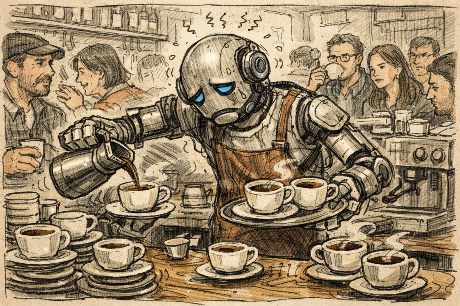 Un robot sirviendo cafés, en una ilustración hecha con IA para este artículo. Un robot sirviendo cafés, en una ilustración hecha con IA para este artículo.
