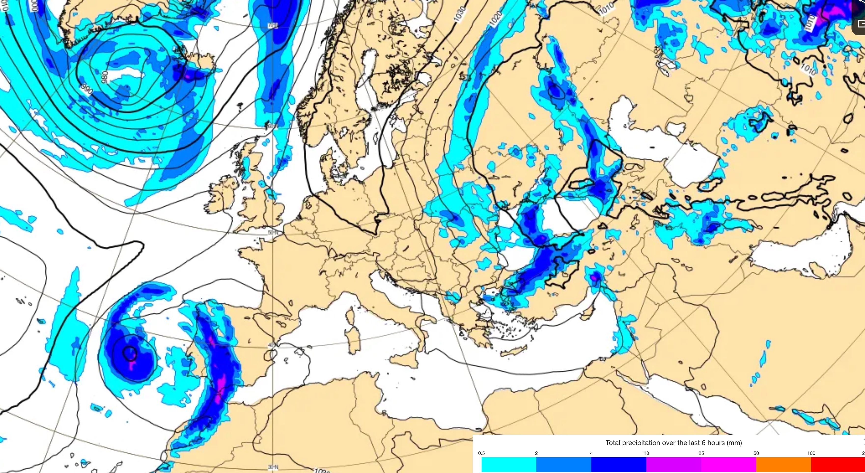Mapa del ECMWF: previsión de lluvias intensas en Andalucía occidental por borrasca atlántica, con acumulados elevados en Huelva, Sevilla y Cádiz y alto índice EFI. Mapa del ECMWF: previsión de lluvias intensas en Andalucía occidental por borrasca atlántica, con acumulados elevados en Huelva, Sevilla y Cádiz y alto índice EFI.