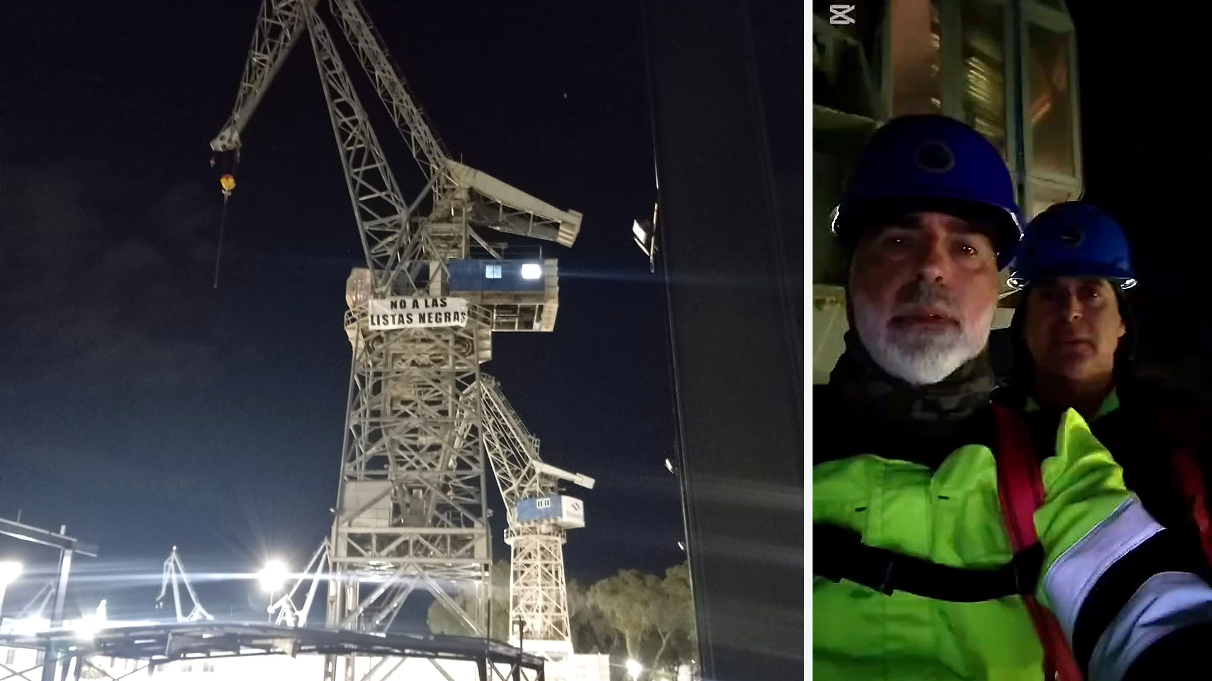Manuel Barber y Jesús Galván, colocando la pancarta en una grúa de Navantia San Fernando.