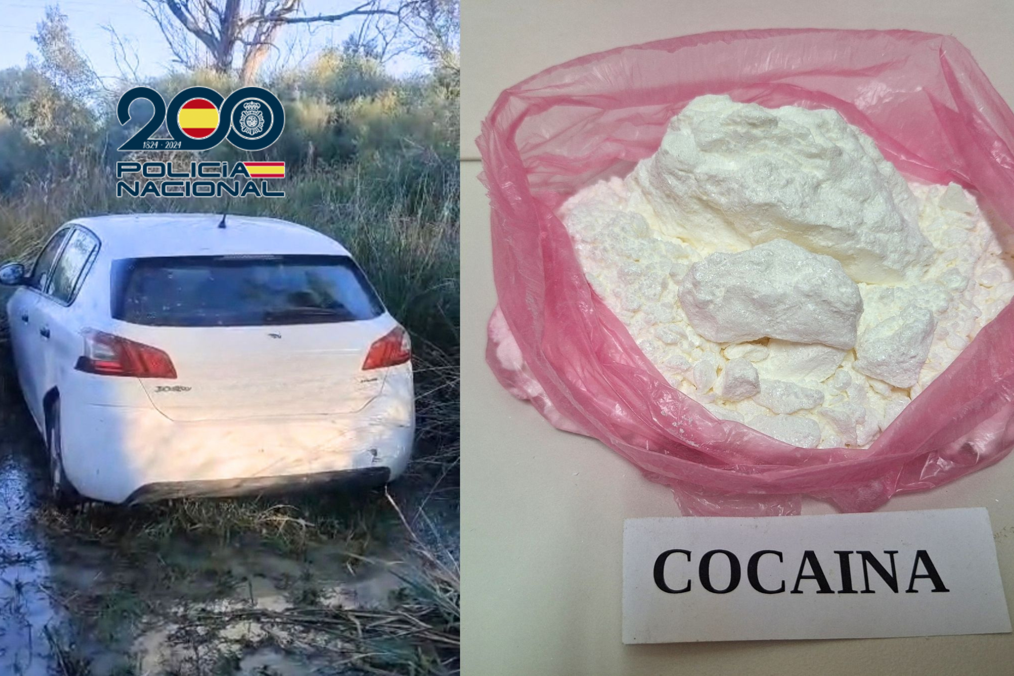 El coche siniestrado y la cocaína incautada.