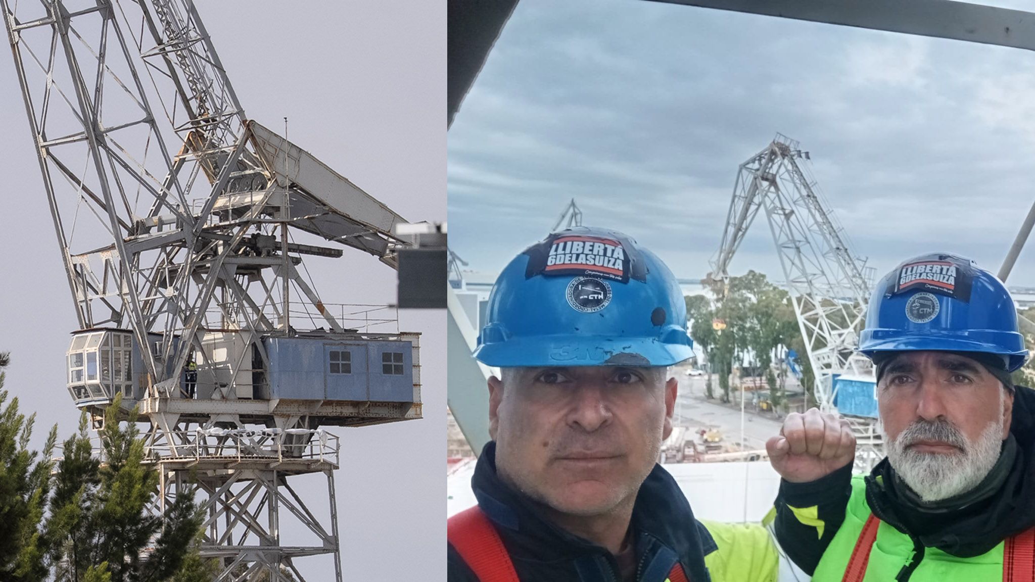 Manuel Balber y Jesús Galván, con la grúa en la que están atrincherados. Manuel Balber y Jesús Galván, con la grúa en la que están atrincherados.