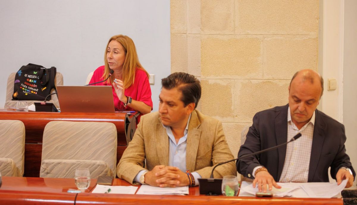 Antonio Fernández e Ignacio Soto, de Vox, en el pleno de Jerez, con la portavoz de La Confluencia, Teresa Chamizo, al fondo. 