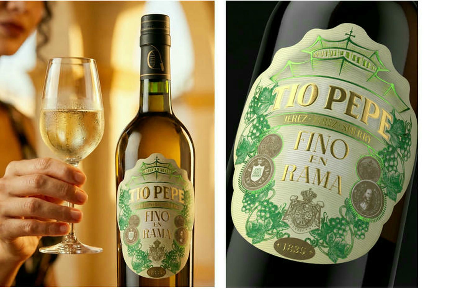 Botella y etiqueta de Tío Pepe en Rama.