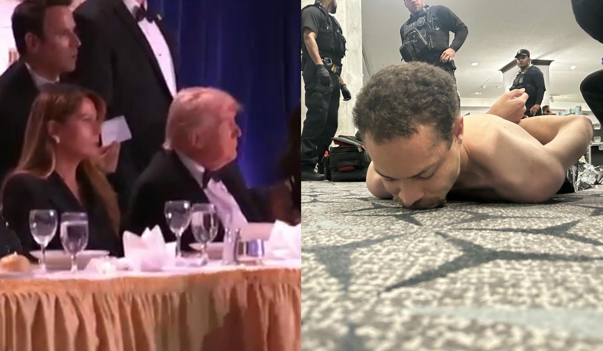 Trump, al oír los disparos; a la derecha, el detenido en el hall del hotel donde se celebraba la cena.