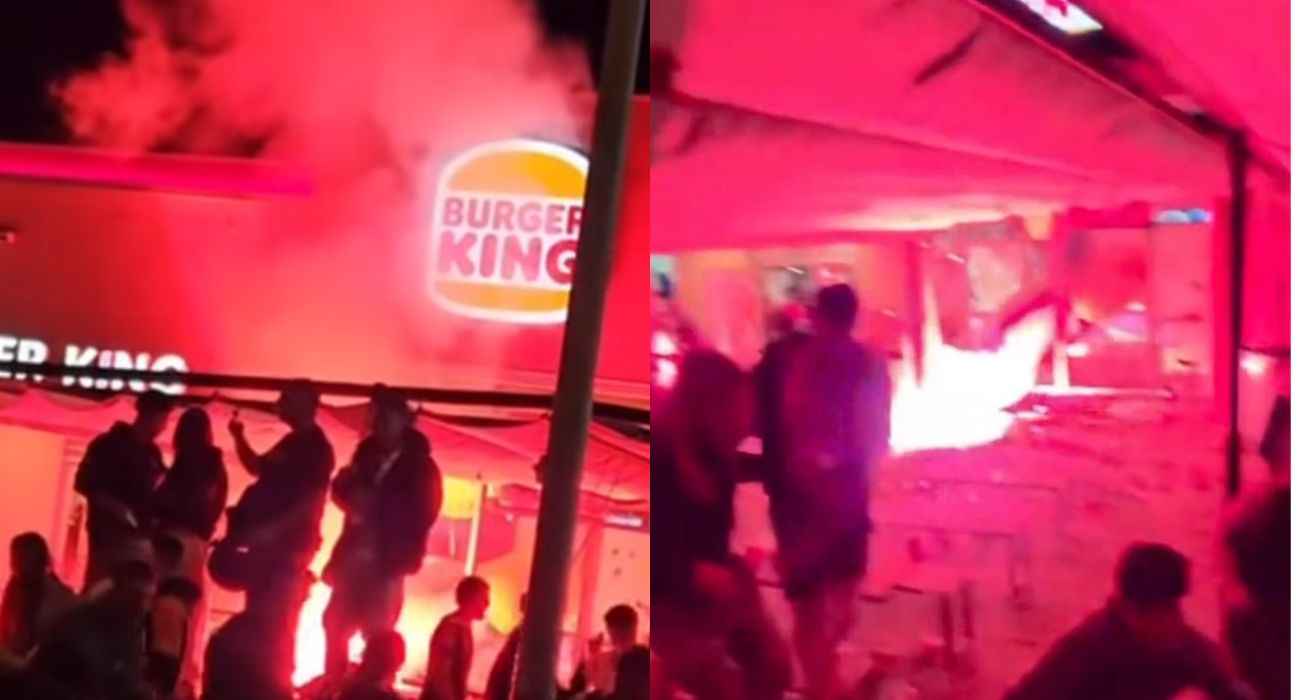 Dos imágenes del incendio originado en el Burger King de la avenida Felipe VI de El Puerto.