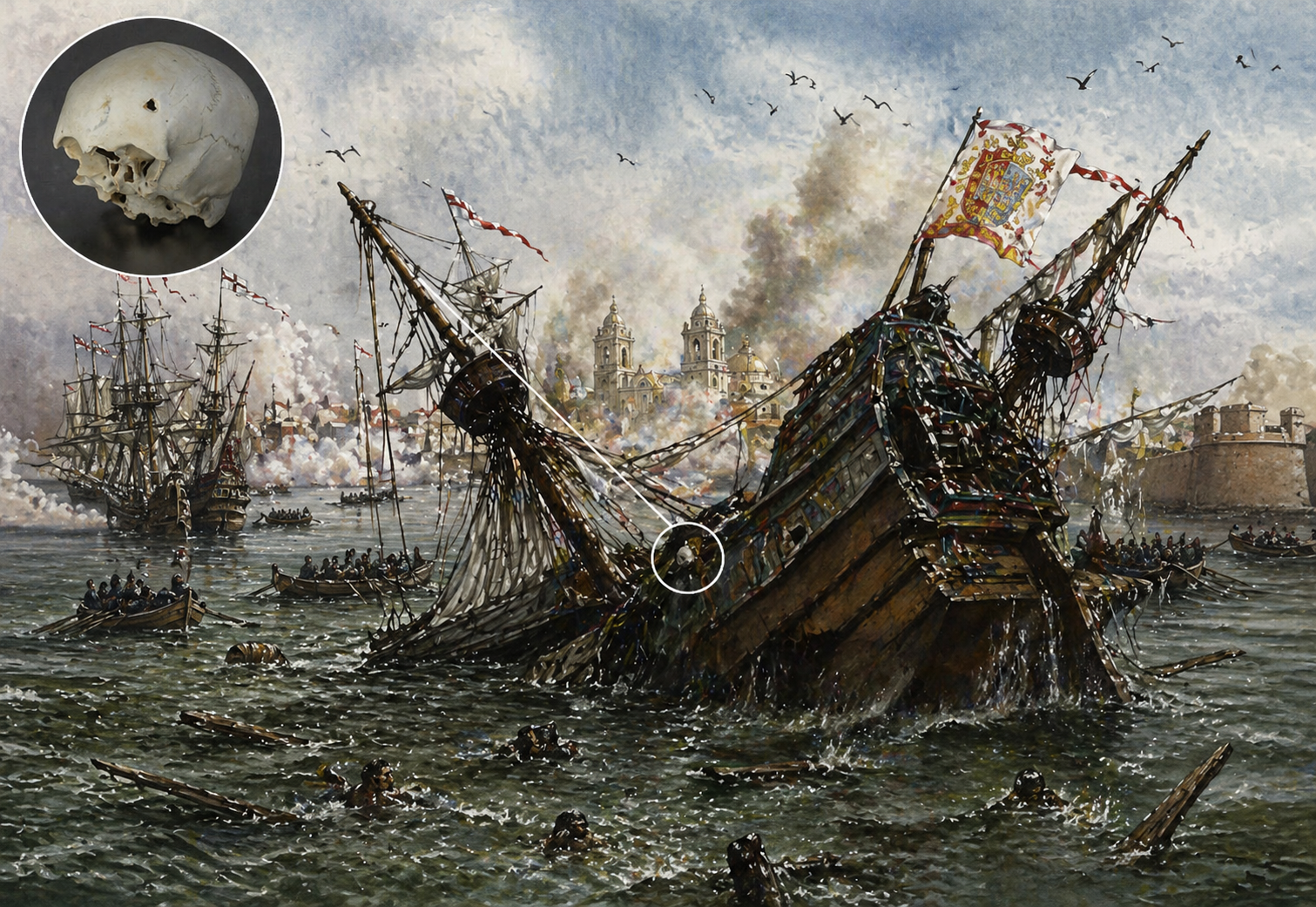 Secretos del pecio hundido por Drake en Cádiz: cochinilla americana, cañones de bronce y un cráneo de mujer con herida de guerra (en el detalle de la ilustración).