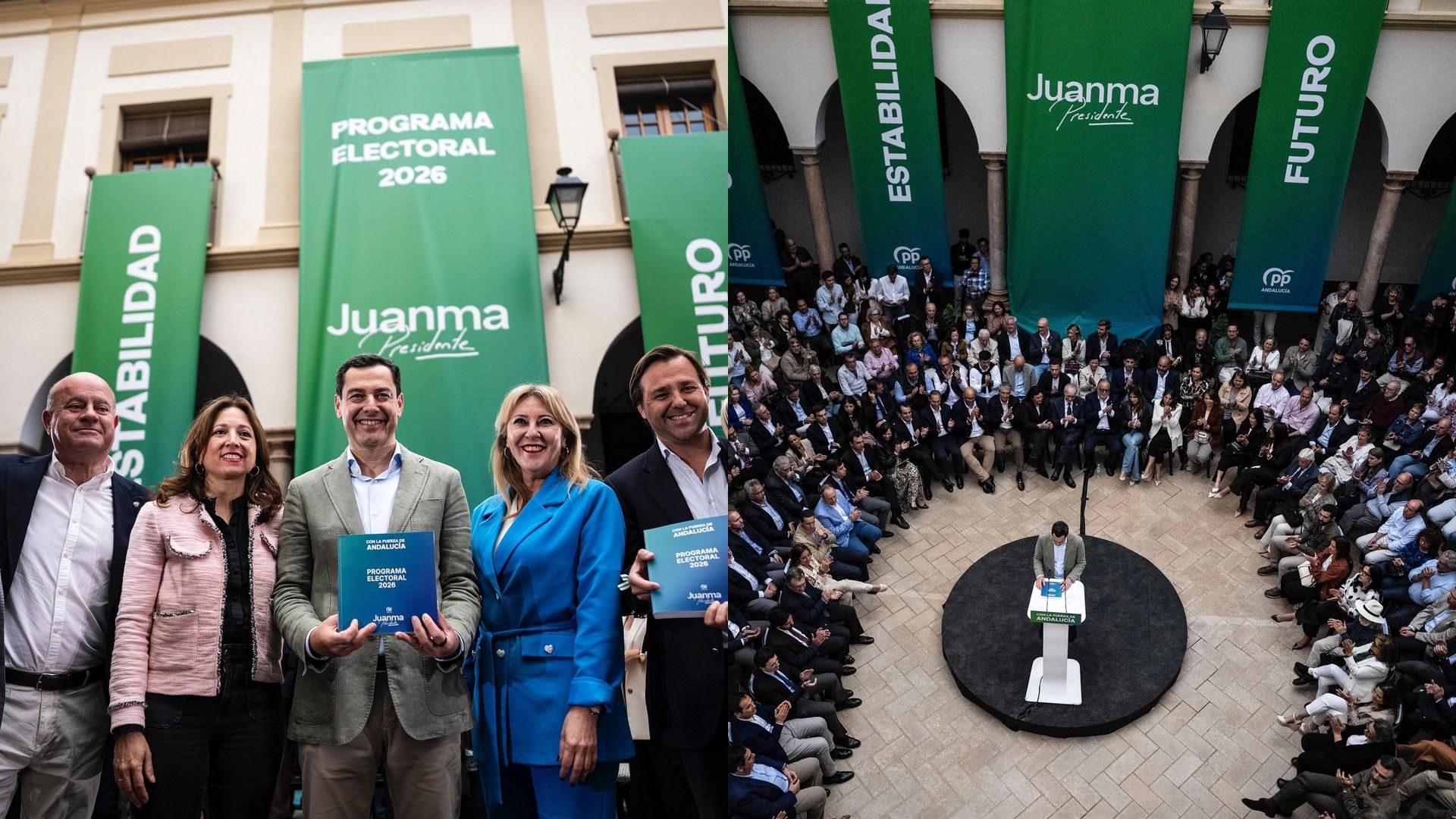 Dos momentos del acto de presentación del programa del PP-A para el 17M, con Juanma Moreno como candidato a la reválida.