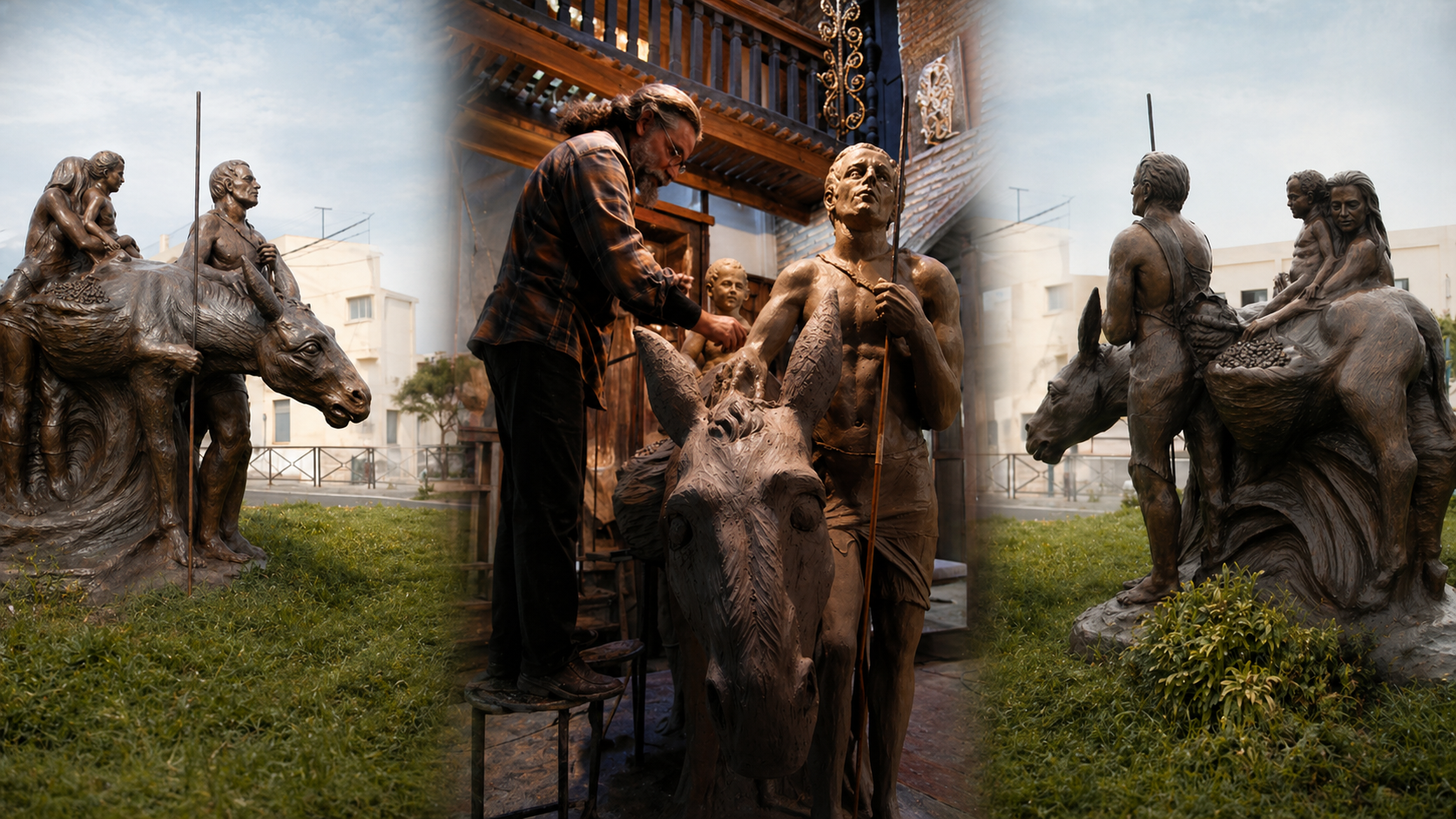 Monumento de Almensilla y Luigi Maráez trabajando en él.