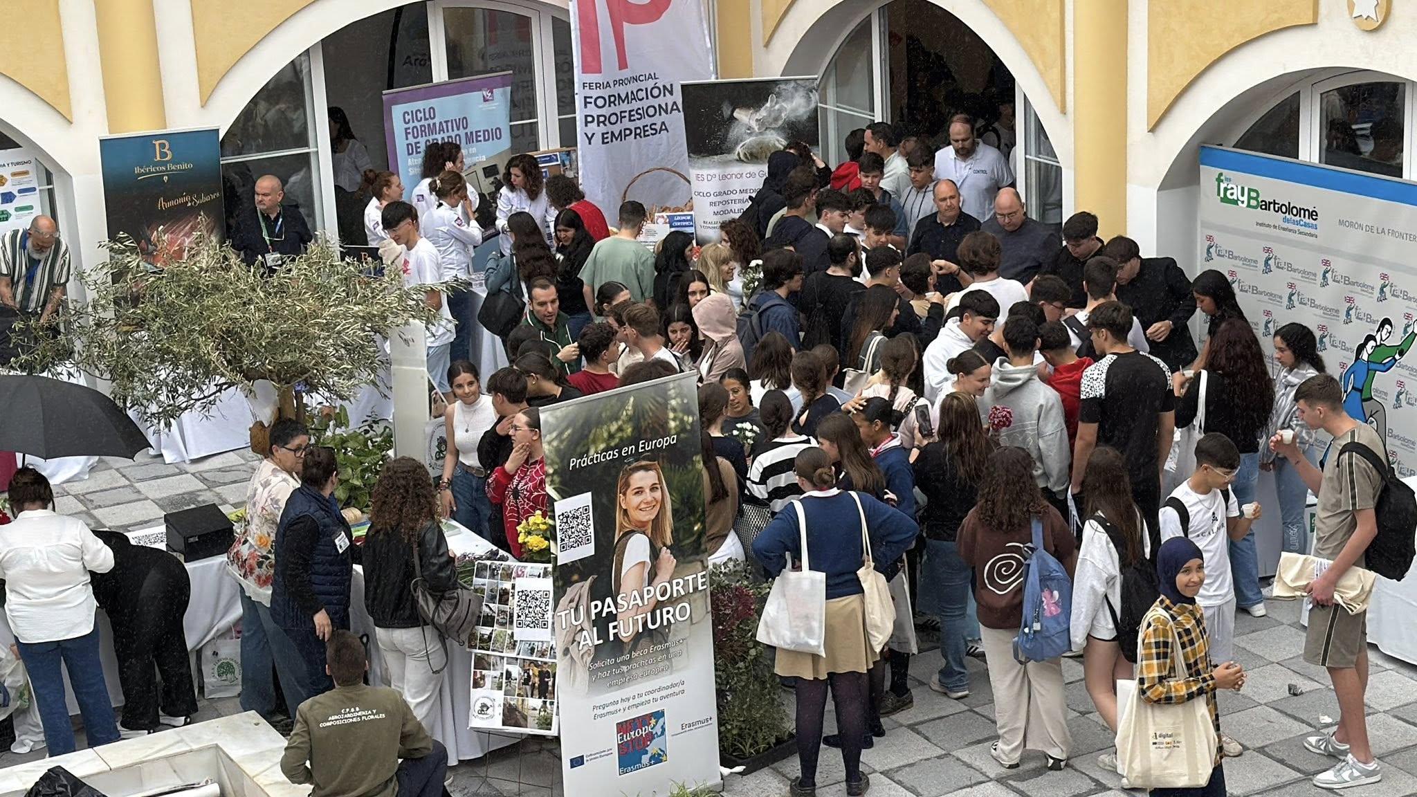 Los estudiantes exploran los stands de la Feria de Formación Profesional y Empresa de Arahal. 