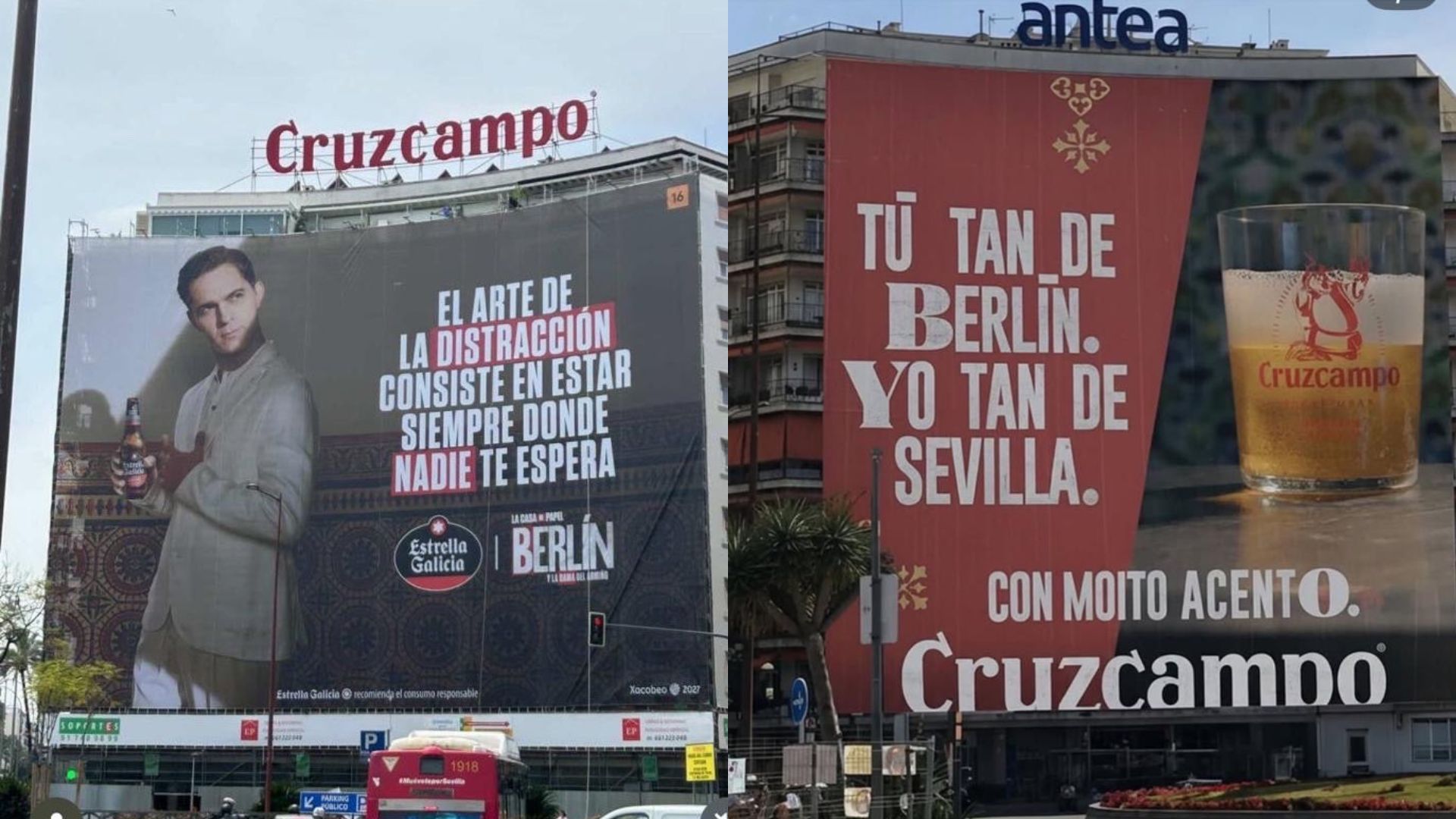 El 'pique' entre Estrella Galicia y Cruzcampo deja una imagen publicitaria comentada en el plena capital hispalense