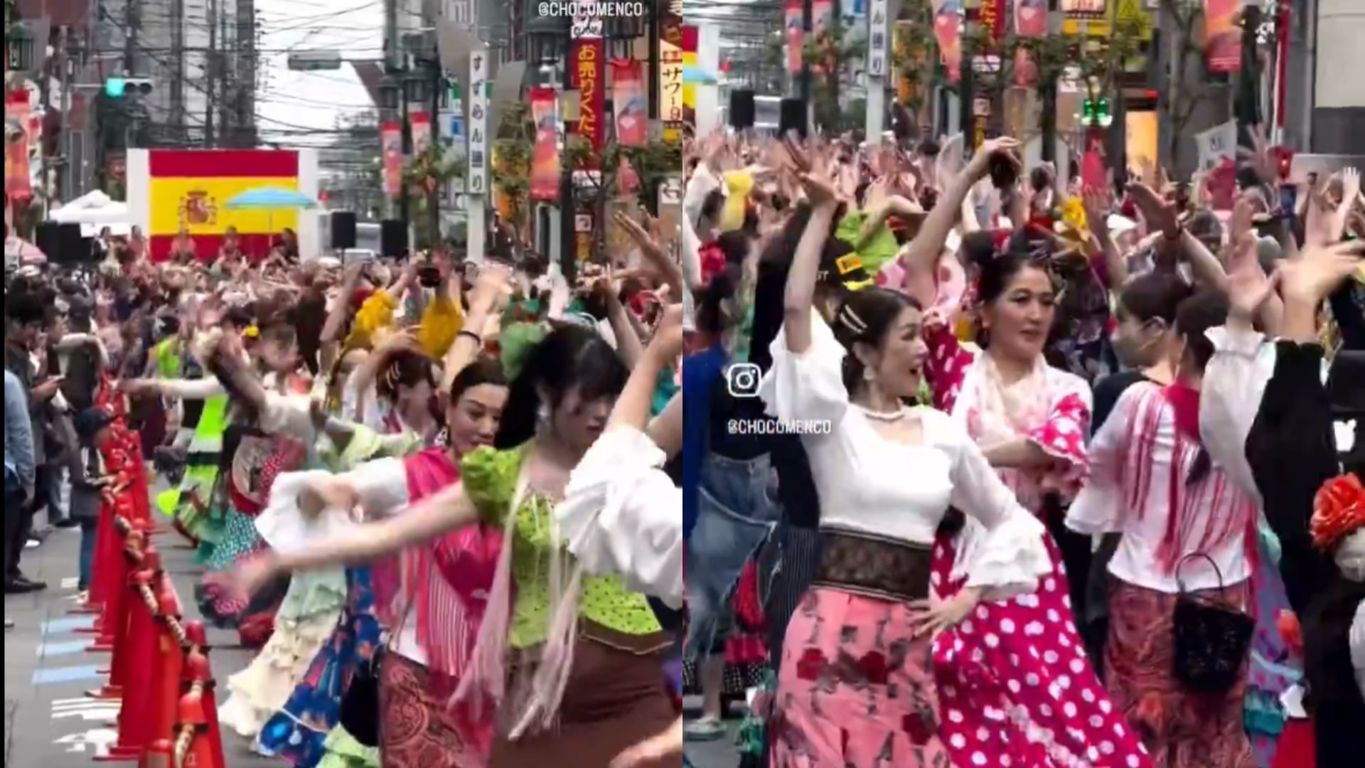Una calle de Japón se convierte en centro de baile de sevillanas de una multitud de mujeres