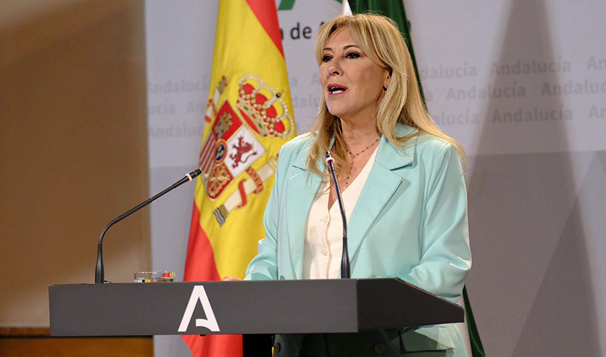La consejera portavoz de la Junta, Carolina España, en rueda de prensa este miércoles.