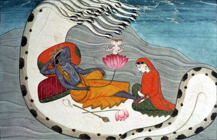 Miniatura de finales del s. XIX que representa a Vishnu y su fiel Lakshmi reposando sobre el océano de los fenómenos. 