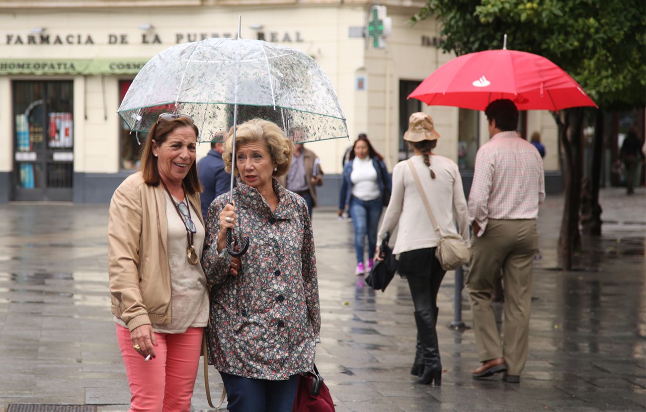 Dos mujeres paseando bajo la lluvia, en Jerez. FOTO: JUAN CARLOS TORO. 