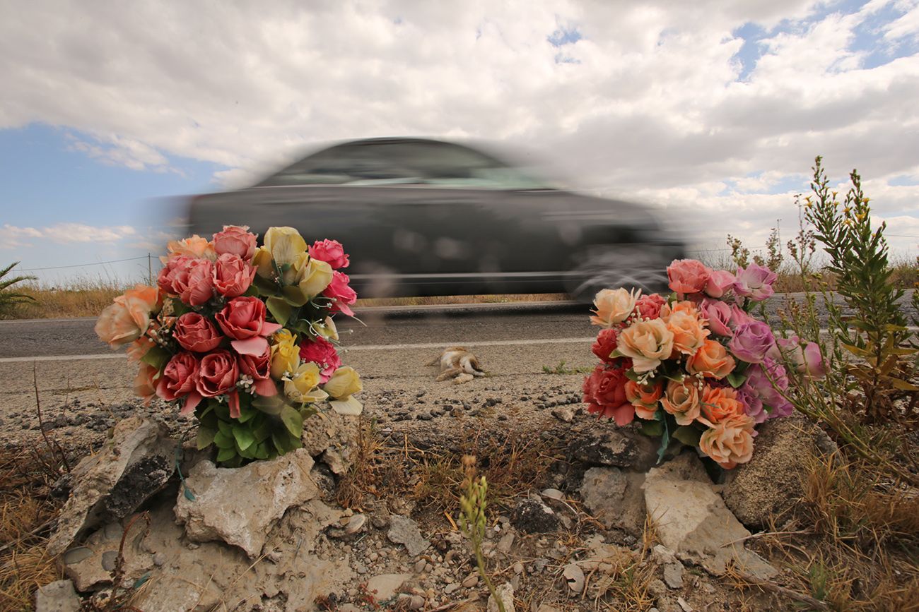 Flores, recordando a fallecidos en la A-2078 que une Rota y Jerez. FOTO: JUAN CARLOS TORO.