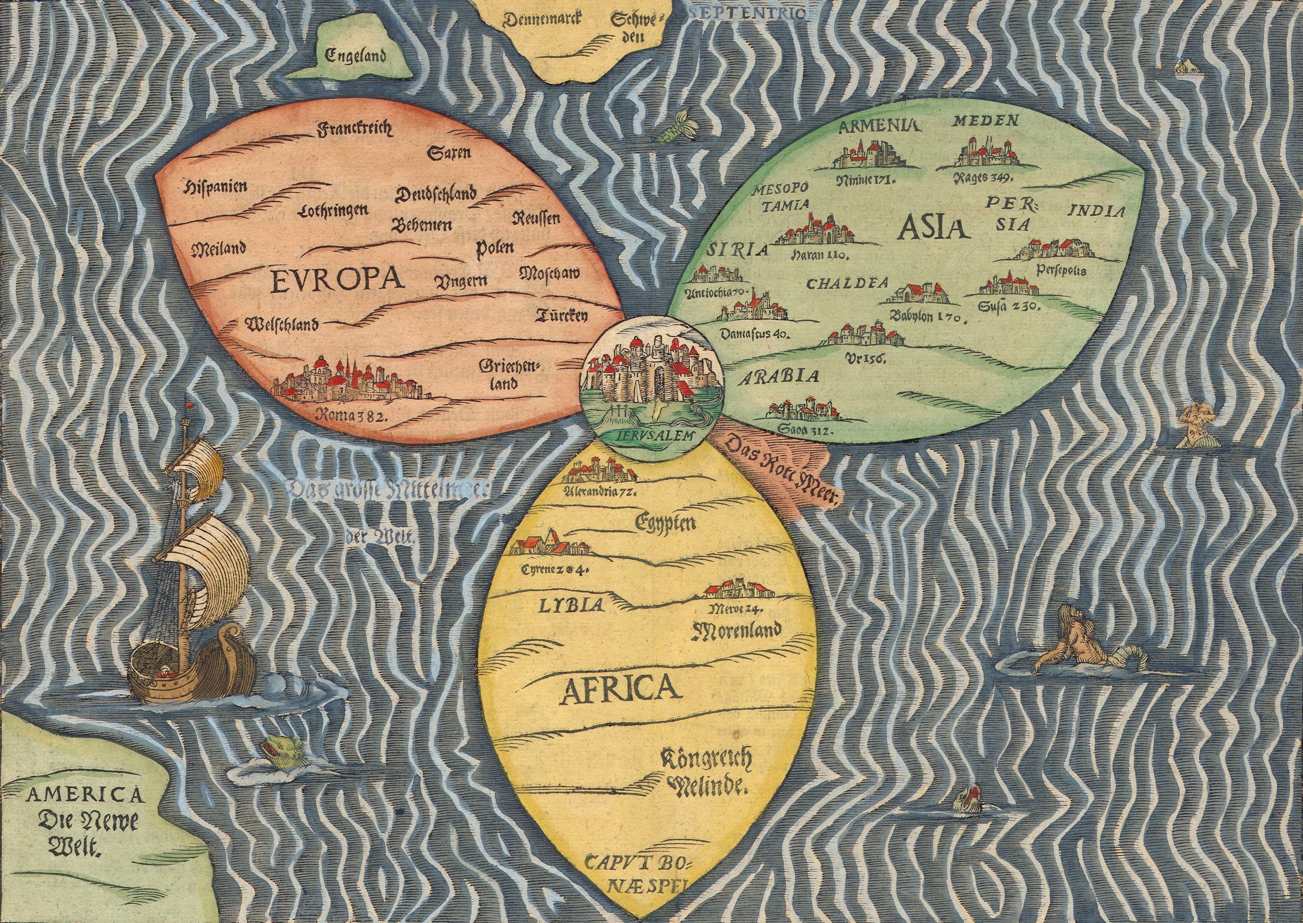 El mapa de Bünting (1581), con Jerusalén en el centro, como era habitual en la Edad Media. Aquí Asia termina en la India y América aún está por explorar. 