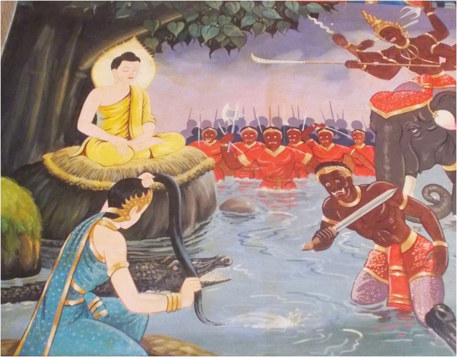 El Buda es atacado por los ejércitos del demonio Mara, que simboliza la tentación (Ubon Ratchathani, Tailandia). 