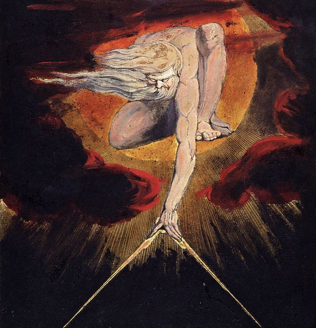 William Blake sugiere, en esta ilustración de 1794, que la primera creación de Dios (Urizen) fue el compás. 