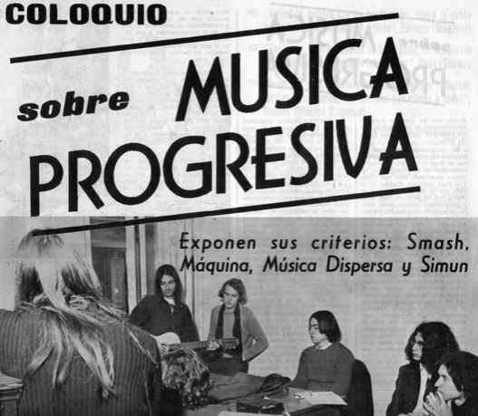 La pequeña escena progresiva española daba para un pequeño coloquio (1970). De Smash vemos a Gualberto y su guitarra, Henrik a su derecha y Antoñito (con gafas). 