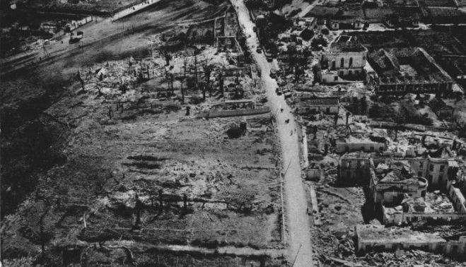 Imagen aérea con lo que hoy sería el entorno de San Severiano arrasado por la explosión.