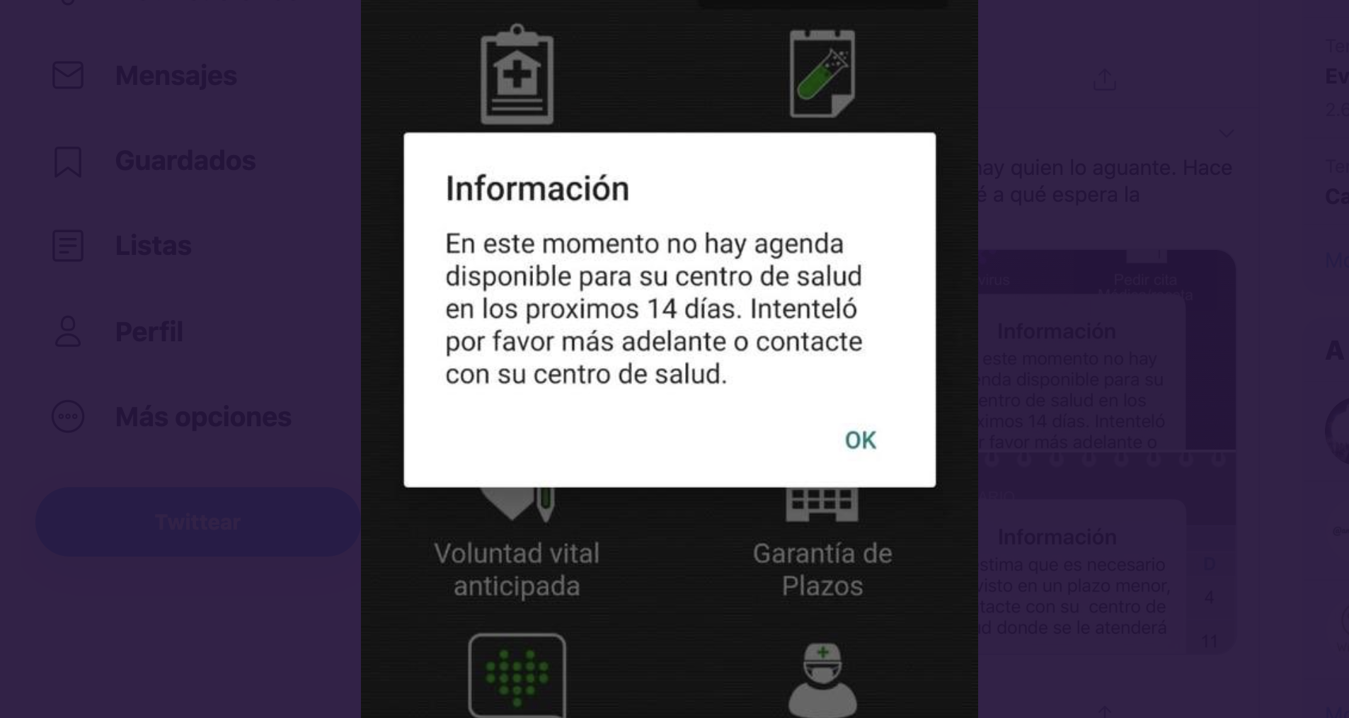 Captura de la app de Salud Responde subida por usuarios a Twitter.