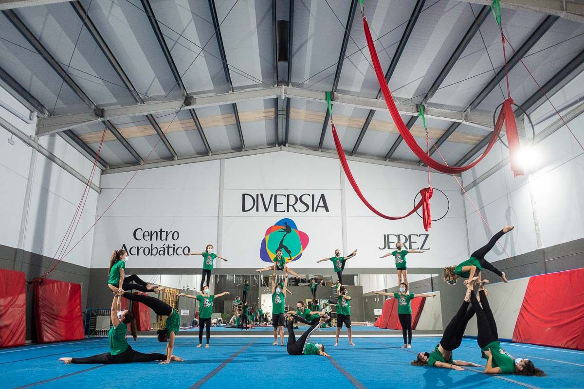 Varios gimnastas realizando figuras humanas en Diversia.