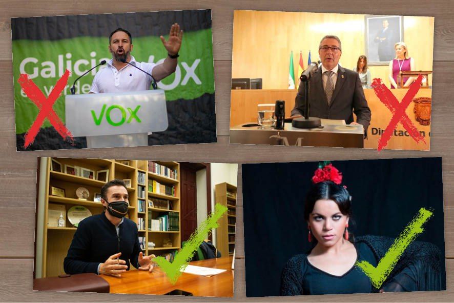 Santiago Abascal (líder de Vox), Francisco Salado (presidente de la Diputación de Málaga), Martín Vila (concejal de Memoria Democrática de Cádiz) y María Moreno (bailaora).