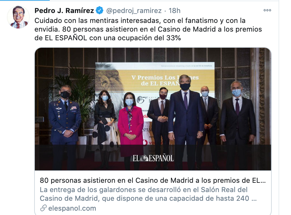 Tuit de Pedro J. Ramírez con la noticia sobre la fiesta celebrada por 'El Español'.