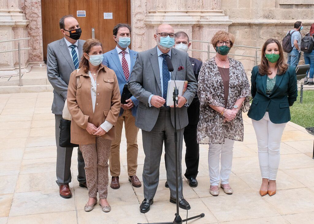 Hernández, en el centro de la imagen, junto al grupo parlamentario de Vox en la Cámara andaluza. Autor: Parlamento