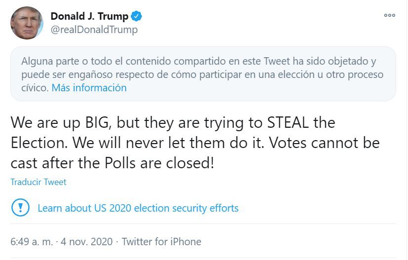 El incendiario tuit de Donald Trump sobre la limpieza de las elecciones.
