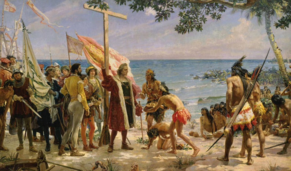 La conquista de América, representada en un lienzo.
