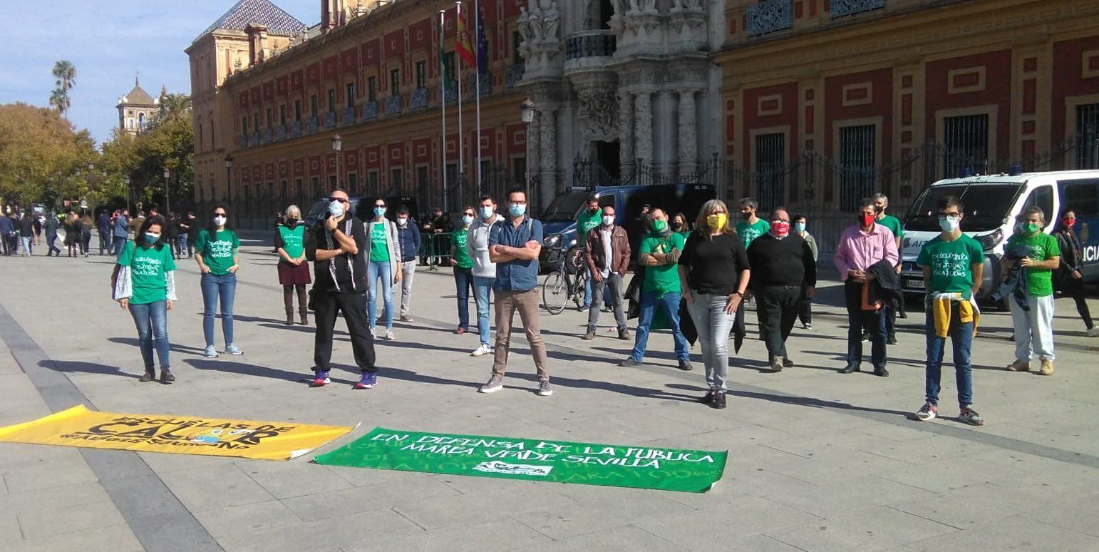 Profesorado andaluz, miembros de Marea Verde, durante la huelga, frente al Palacio de San Telmo de Sevilla.