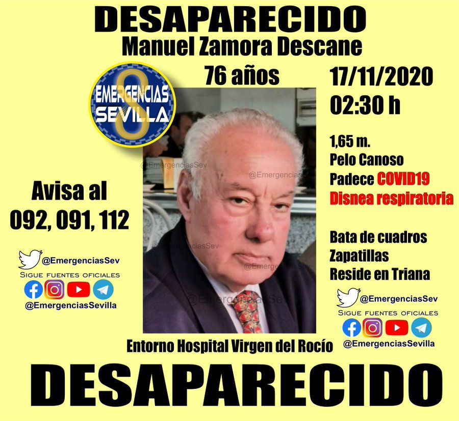Imagen de Manuel Zamora, el enfermo de covid desaparecido en Sevilla.