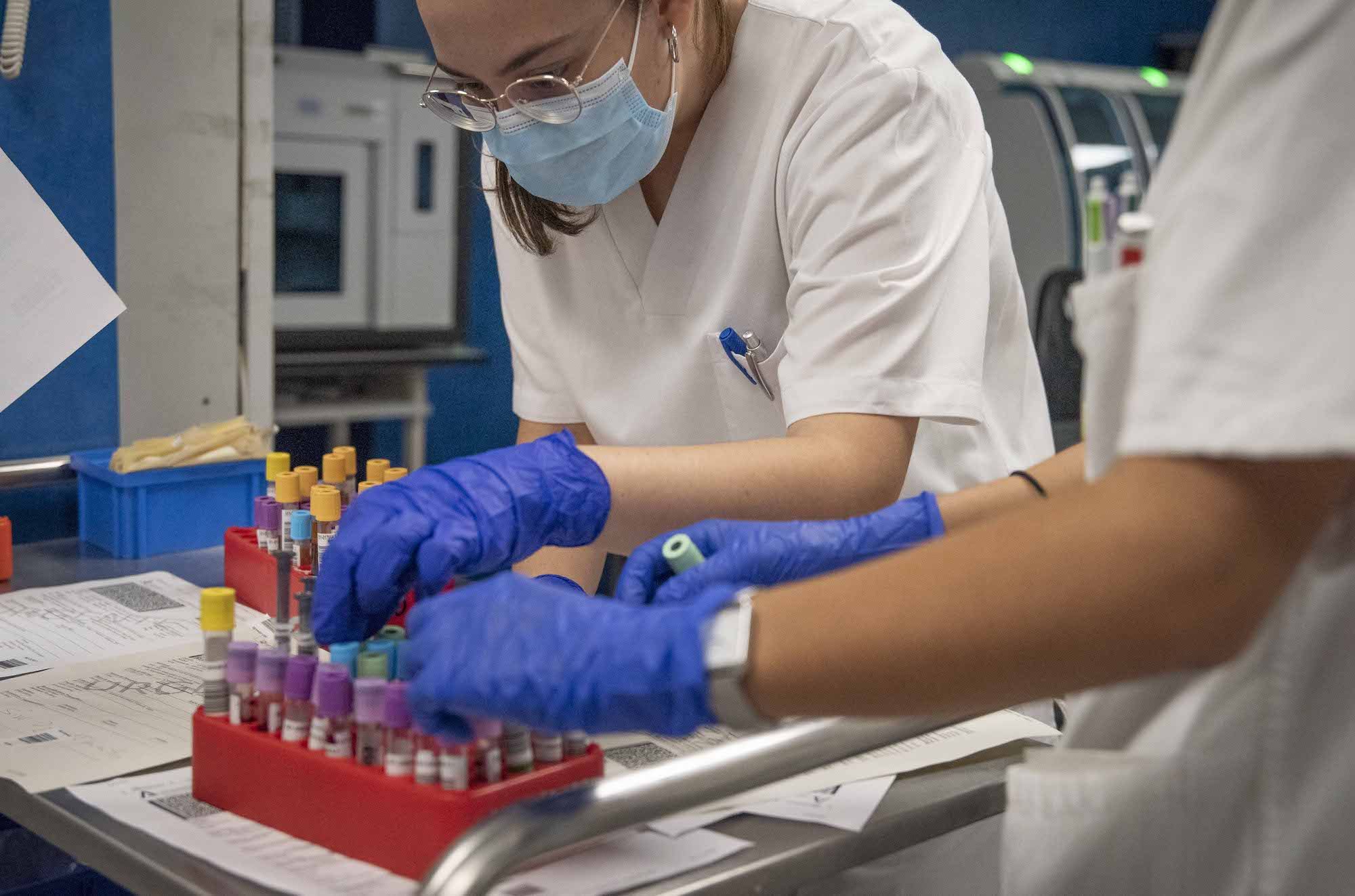 Dos profesionales ordenan tubos de muestras en un laboratorio clínico de Andalucía.