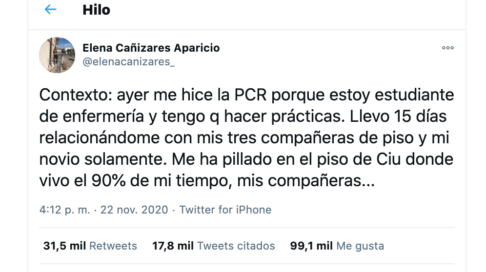 Mensaje inicial del hilo de Twitter de la enfermera Elena Cañizares.